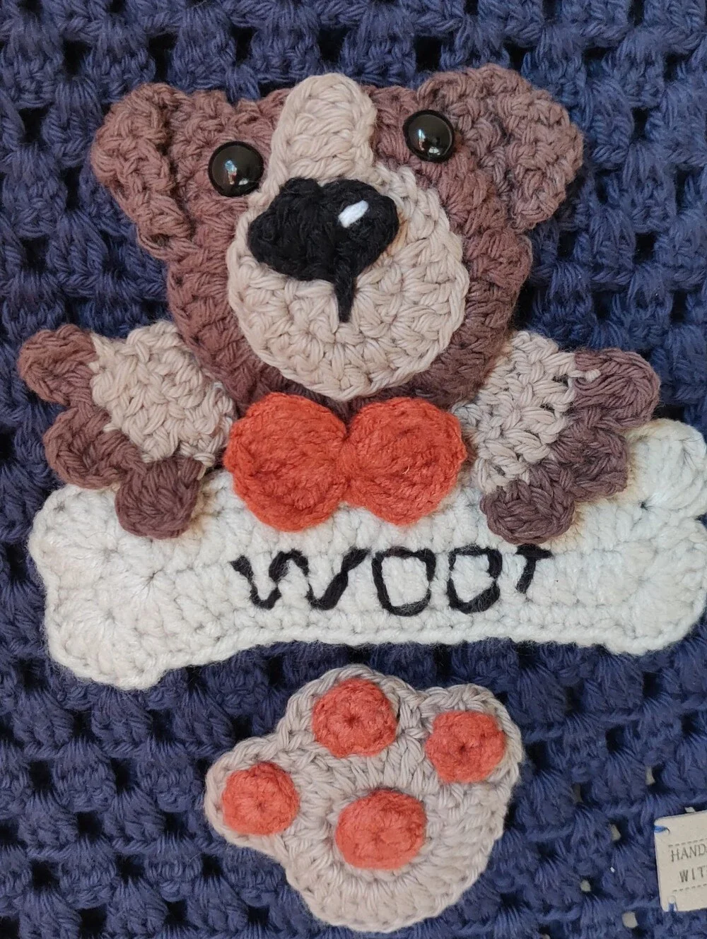 Handmade Crochet Dog Scarf - Navy with Dog Applique - 100% Cotton